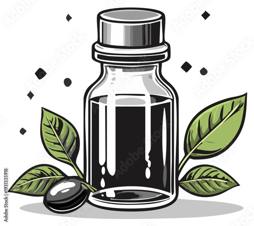 Olive oil bottle illustration with olives and leaves