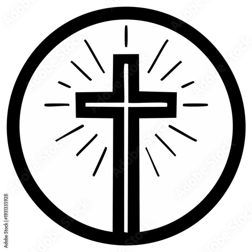 Christian Cross Symbol Inside Circle with Radiating Light