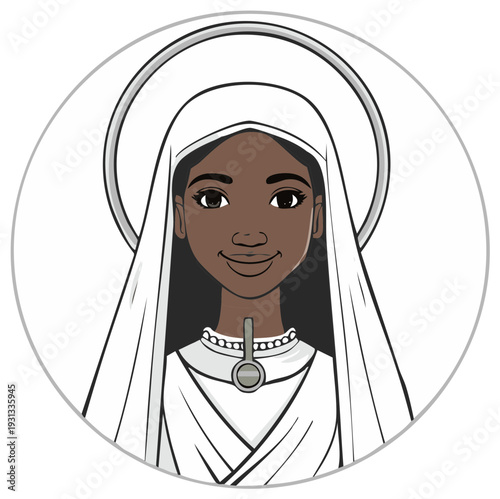 Illustration of a smiling woman with a halo, round frame