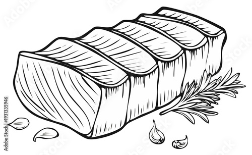 Salmon fillet portion with rosemary sprig and garlic cloves outline illustration.