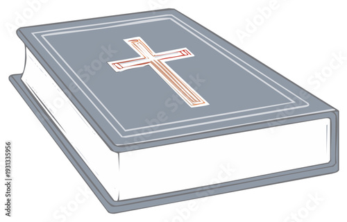A closed book, Bible or Holy book with a cross symbol, vector illustration of religious literature, Christian text in blue covers