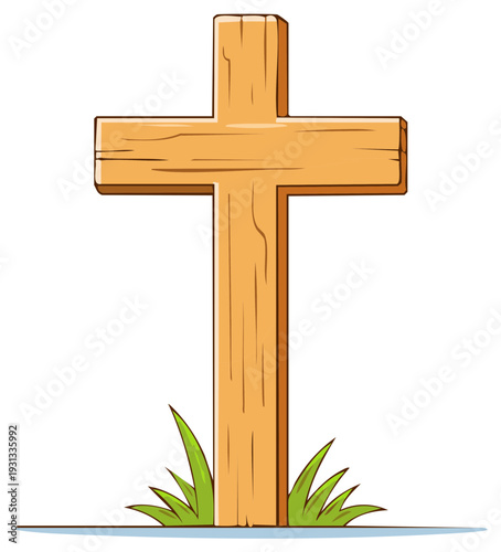 Cartoon wooden cross with textured grain and green grass at its base a symbol of faith and spirituality