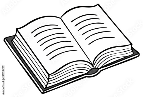 Open book, line art illustration of the book pages, study of literature, education concept.