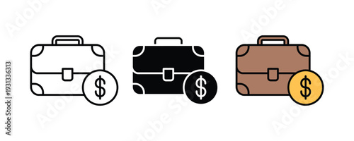 Business briefcase and financial investment icon set. Suitcase with dollar coin symbol for professional portfolio, corporate budget, and wealth management design. Vector Illustration.