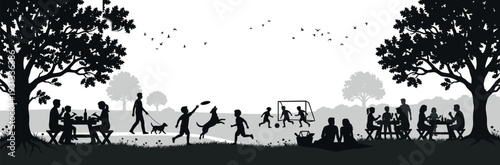 People Having Picnics Playing Soccer Walking Dogs and Children Playing under Trees for Municipal Park Branding Neighborhood Event Marketing and Community Health Campaign Vector Illustration
