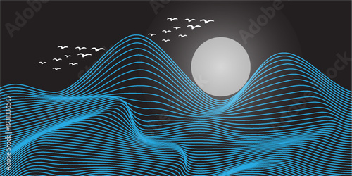 Vector abstract art landscape mountain with birds and sunrise mont by white line art texture isolated on dark blue black background. Minimal luxury style for wallpaper, wall art decoration. vector