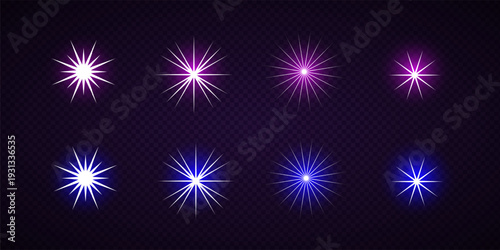 Colorful Star Light Effect Collection with Blue, Golden, and Yellow Glowing Starlight Sparkle Rays and Lens Flare Illumination on Transparent Background