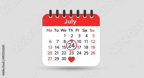 Red July Calendar with Circled Date 24.