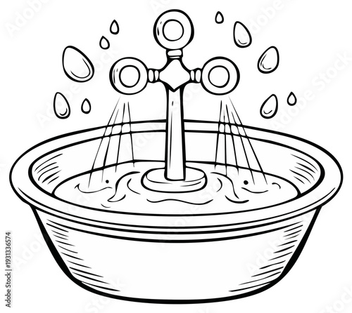 Black and white hand drawn illustration of a vintage faucet filling a wash basin with splashing water
