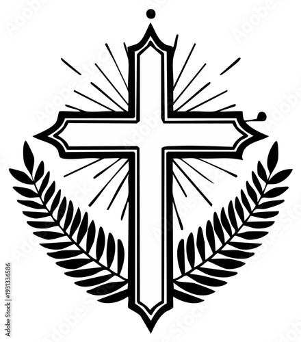 Christian Cross Surrounded by Laurel Wreath Symbol of Faith and Religion