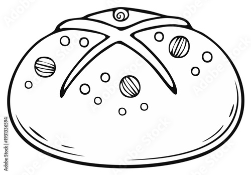 Outline of a decorated bread roll with unique embellishments, vector illustration.