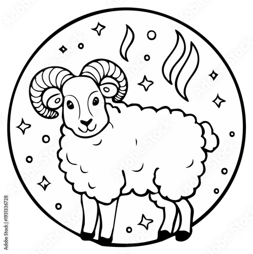 Cartoon Ram Zodiac Symbol with Curly Horns and Celestial Elements in a Circle