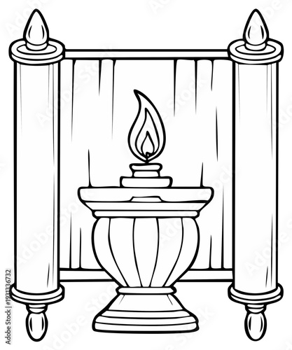 Holy Torah Scroll open on Bimah with Eternal Flame line art illustration