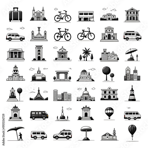 Architectural Icons: A compilation of sleek, minimalist architectural illustrations showcase diverse building styles and modes of transport, perfect for representing urban environments.