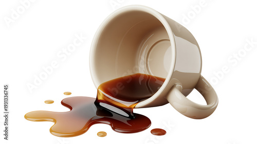 Beige coffee cup with coffee spill on white surface isolated on a transparent background