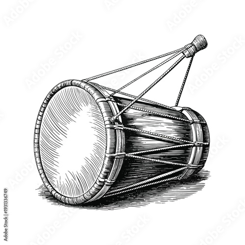 Black and white hand drawn ink sketch of a traditional indian dholak drum musical instrument