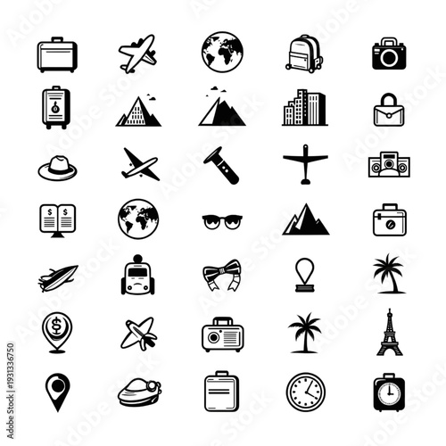 Iconic Travel Elements: A collection of meticulously crafted travel icons, each symbolizing the essential elements of exploration and adventure, arranged in a visually engaging and cohesive pattern. 