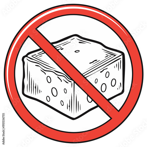 Prohibited lactose product: Cheese block with holes in red ban sign for sensitive people, dairy intolerance or allergy food