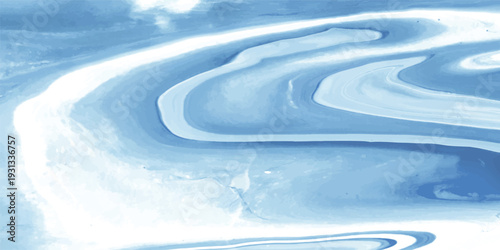 A serene winter landscape featuring a frozen river with textured ice under a clear blue sky