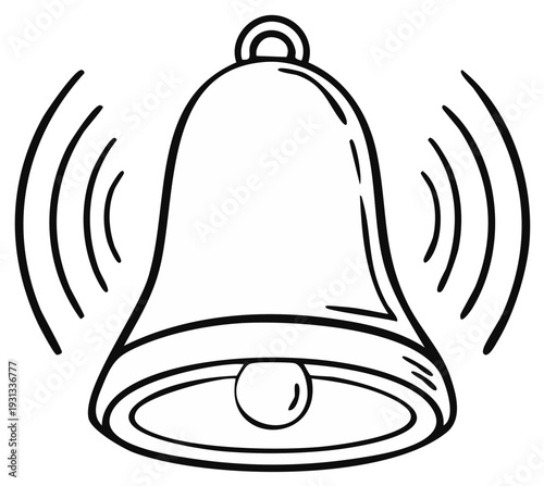 Simple line art illustration of a bell with sound waves, ringing loudly, vector isolated