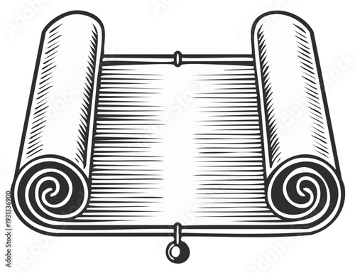 Antique Scroll Document with Wood Rod and Button Clip Vintage Illustration