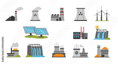 Collection of Industrial Power Generation Facilities Icons.