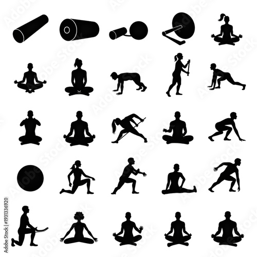 Harmony in Silhouette: A captivating series of dynamic human figures demonstrate a harmonious balance of yoga postures and exercise routines, showcasing fitness.