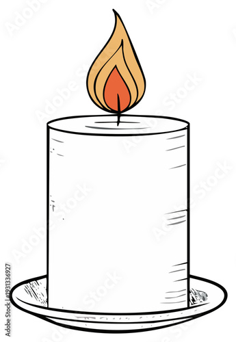 Hand Drawn Sketch Illustration of a Burning White Pillar Candle with Flame