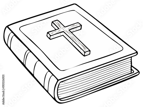 Illustration of Holy Book with Cross on Cover Outline