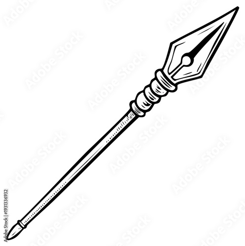 Monochrome illustration of a creative concept spear with a fountain pen nib tip