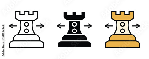 Chess rook piece icon set. Strategy game symbol with horizontal movement arrows for logical planning, competition, and tactical decision design. Vector Illustration.