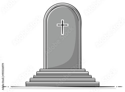 Cartoon gray tombstone grave marker with cross and steps