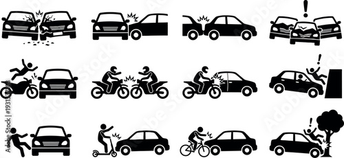 Car Crashes Motorcycle Impacts Pedestrian Accidents and Bicycle Collisions for Insurance Claim Apps Legal Service Marketing and Road Safety Education Pictogram Collection