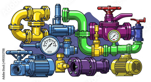 Colorful plumbing pipes and valves with gauges illustration.