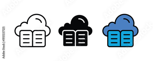 Cloud library and digital ebook icon set. Open book with cloud storage symbol for online reading, e-learning, and virtual database design. Vector Illustration.