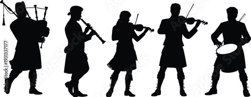 Scottish musical ensemble silhouette illustration, traditional kilts, bagpipes clarinet violin drum, cultural heritage design, black vector art graphic