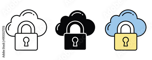 Cloud security and data protection icon set. Padlock with cloud storage symbol for network safety, cyber security, and private database design. Vector Illustration.
