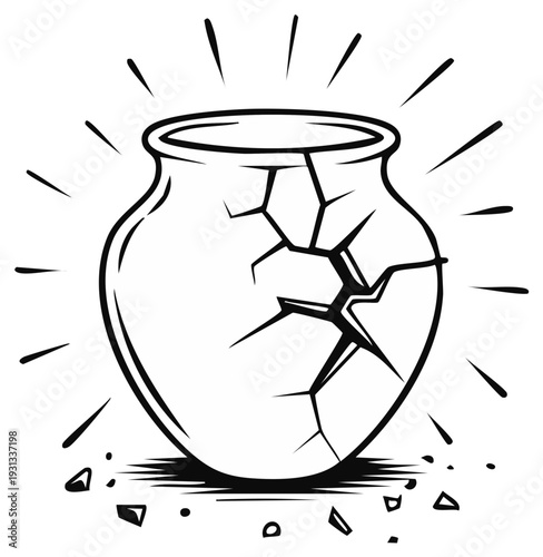 Broken Earthenware Jar with Cracks and Shards Monochrome Vector Illustration Demonstrating Fragility and Imperfection