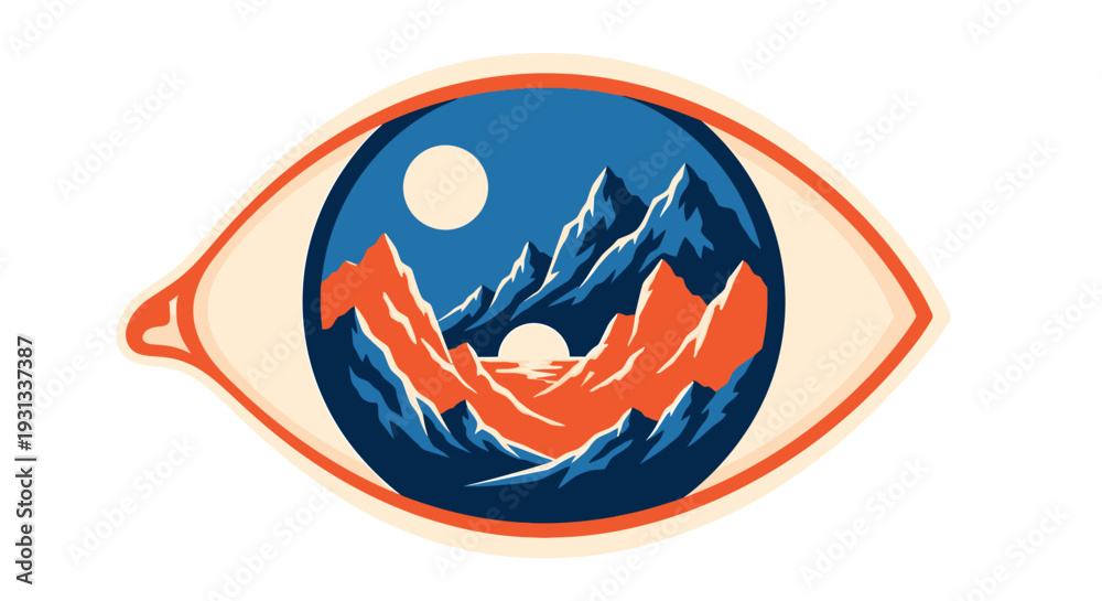 Obraz premium An artistic illustration of an eye with a mountain landscape reflected in the iris, showcasing a serene and majestic scene from a straightforward viewpoint