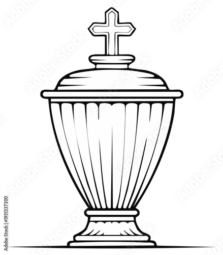 Ornate urn or vessel for containing ashes with decorative cross motif in black and white line art
