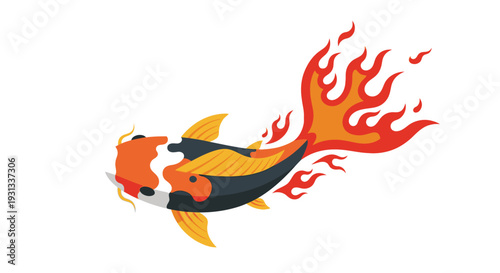 Vibrant illustration of a koi fish engulfed in flames, showcasing dynamic movement and fiery splendor from a side viewpoint.