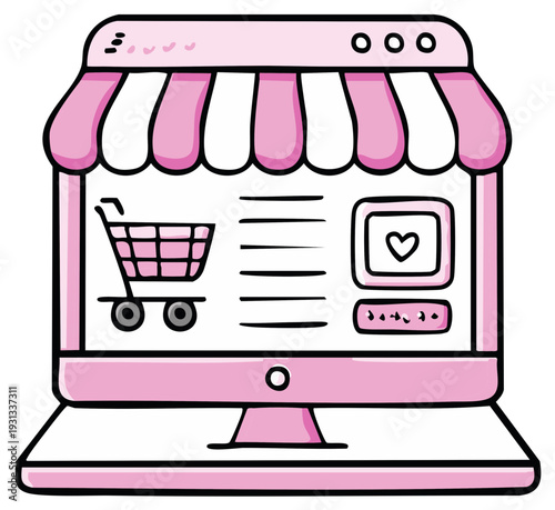 Cartoon illustration of a computer screen displaying an online store, shopping cart, and like button