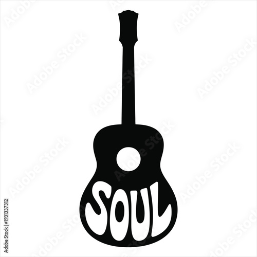 A black and white image of an acoustic guitar with the word “soul” written in large, flowing letters on its body