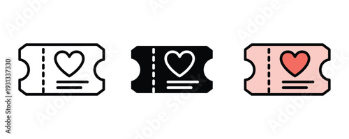 Romantic movie ticket and love voucher icon set. Paper ticket with heart symbol for cinema date, wedding invitation, and Valentine's Day event design. Vector Illustration.
