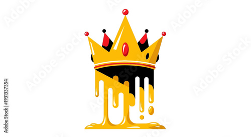 A majestic golden crown illustration with dripping paint effect, symbolizing royalty and luxury, viewed from a straightforward perspective in a graphic design context.