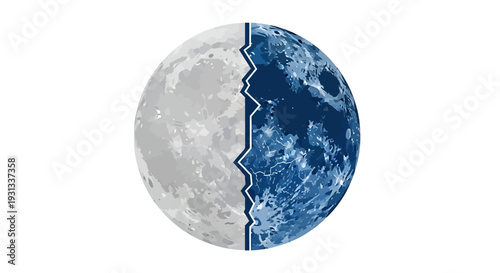 A split moon image showing contrasting phases with jagged edges, half in daylight and half in darkness, viewed from a terrestrial perspective.