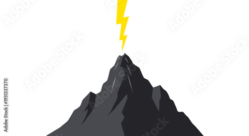 A dramatic dark mountain peak with a bright yellow lightning bolt striking from the top against a clean white background viewed from a distance in a graphic illustration style