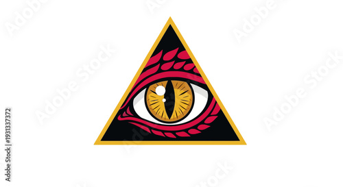 An eye inside a triangle with a human silhouette reflection inside the pupil is depicted in an illustration showcasing symbolic representation of insight and perception from a frontal viewpoint.