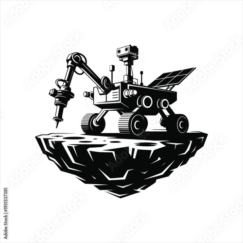 Black and white lunar rover exploring rocky asteroid surface vector illustration