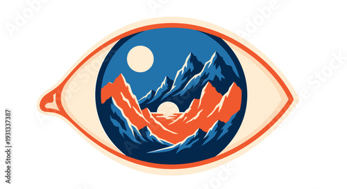 An artistic illustration of an eye with a mountain landscape reflected in the iris, showcasing a serene and majestic scene from a straightforward viewpoint